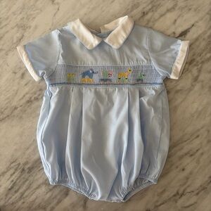 Friedknit Creations Blue Baby Romper 9mo with Embroidered Animals